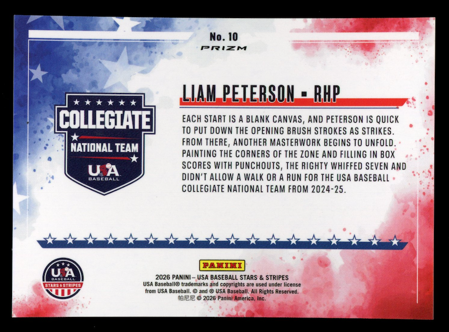 LIAM PETERSON 2026 Panini USA Baseball Stars & Stripes Prizm Color Blast SSP #10