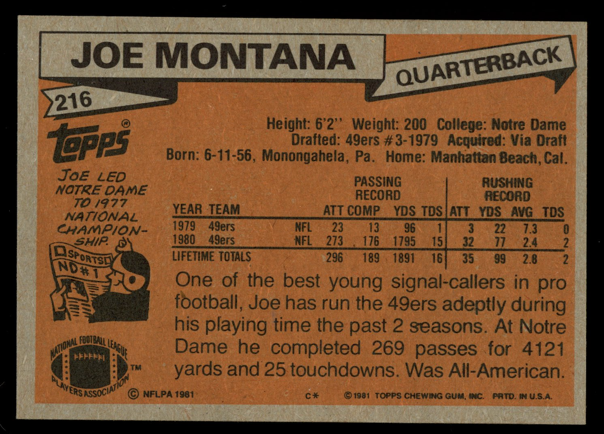 JOE MONTANA 1981 Topps Football Rookie #216 San Francisco 49ers