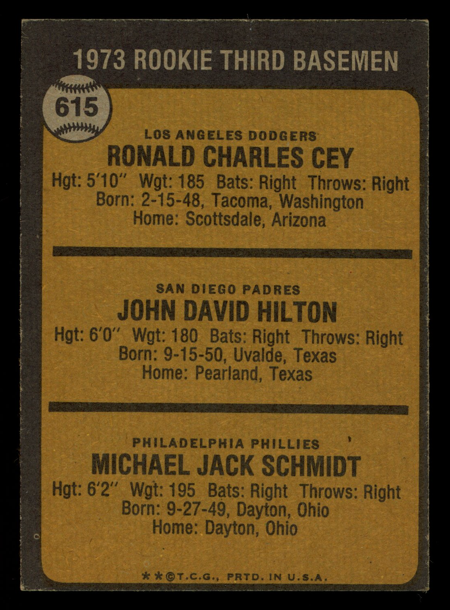 MIKE SCHMIDT HILTON CEY 1973 Topps Rookie Third Basemen #615 Phillies