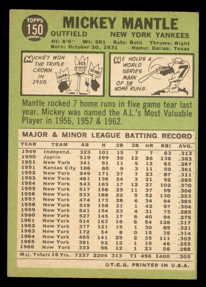 MICKEY MANTLE 1967 Topps Baseball #150 New York Yankees