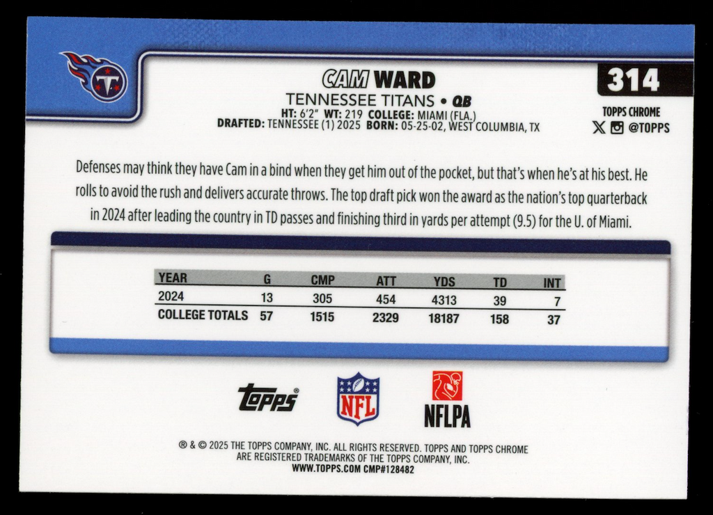 CAM WARD 2025 Topps Chrome Rookie Lightboard Logo Refractor SSP #314 Titans