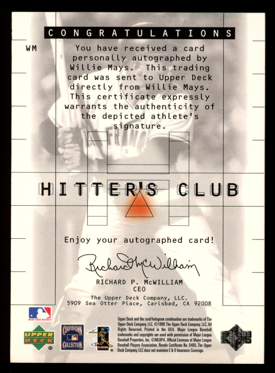 WILLIE MAYS 2000 Upper Deck Hitter's Club On Card Auto #WM Giants