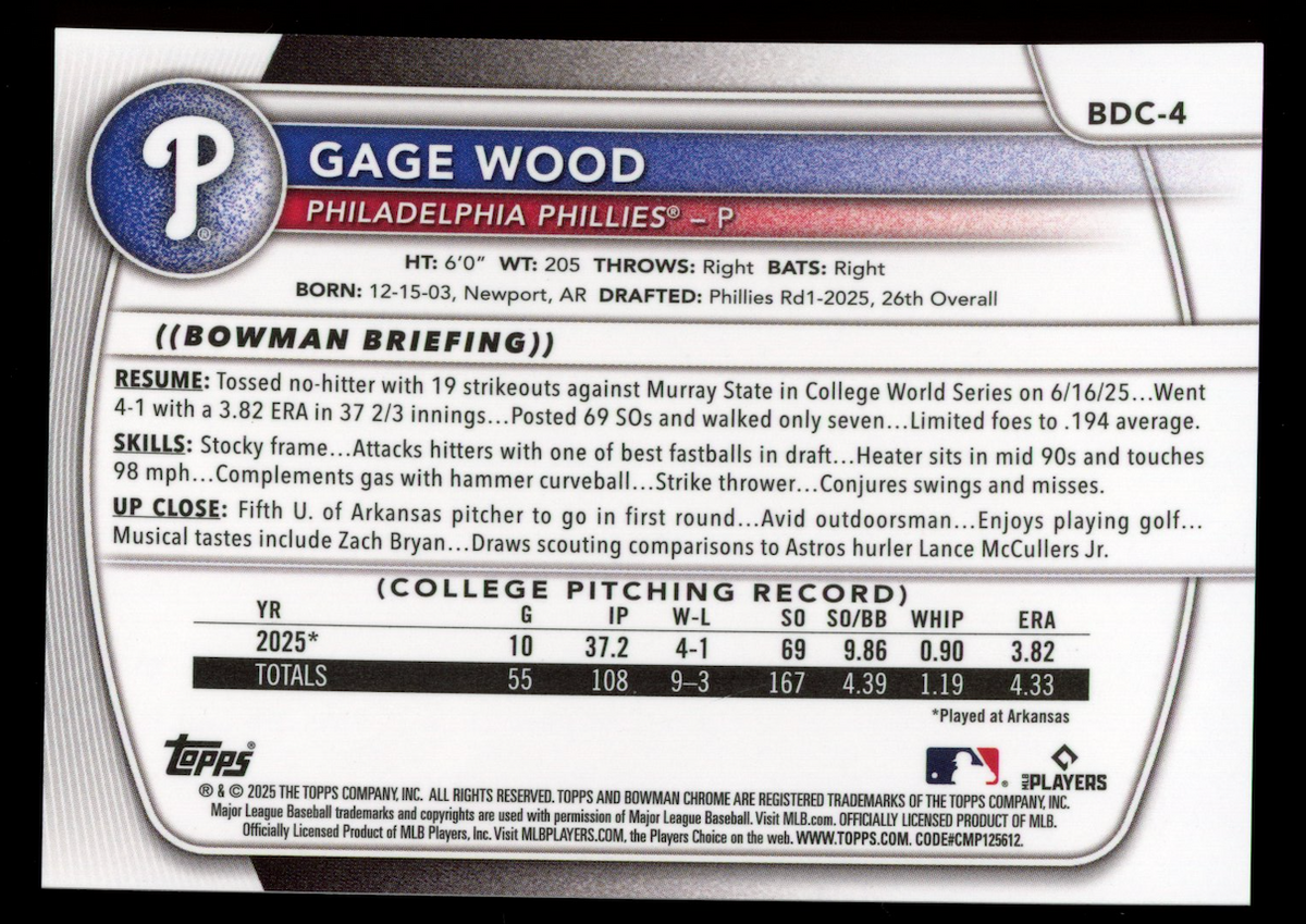 GAGE WOOD 2025 Bowman Chrome Draft 1st Prospect Sunflower Seed #BDC-4