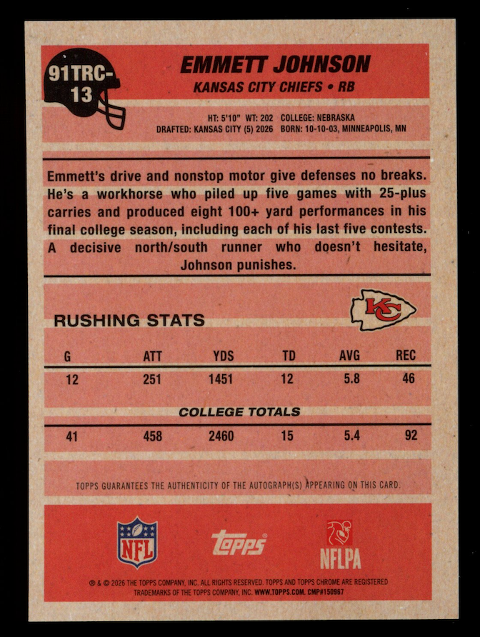 EMMETT JOHNSON 2026 Topps Flagship Rookie 1991 Silver Mojo Auto #91TRC-13 Chiefs