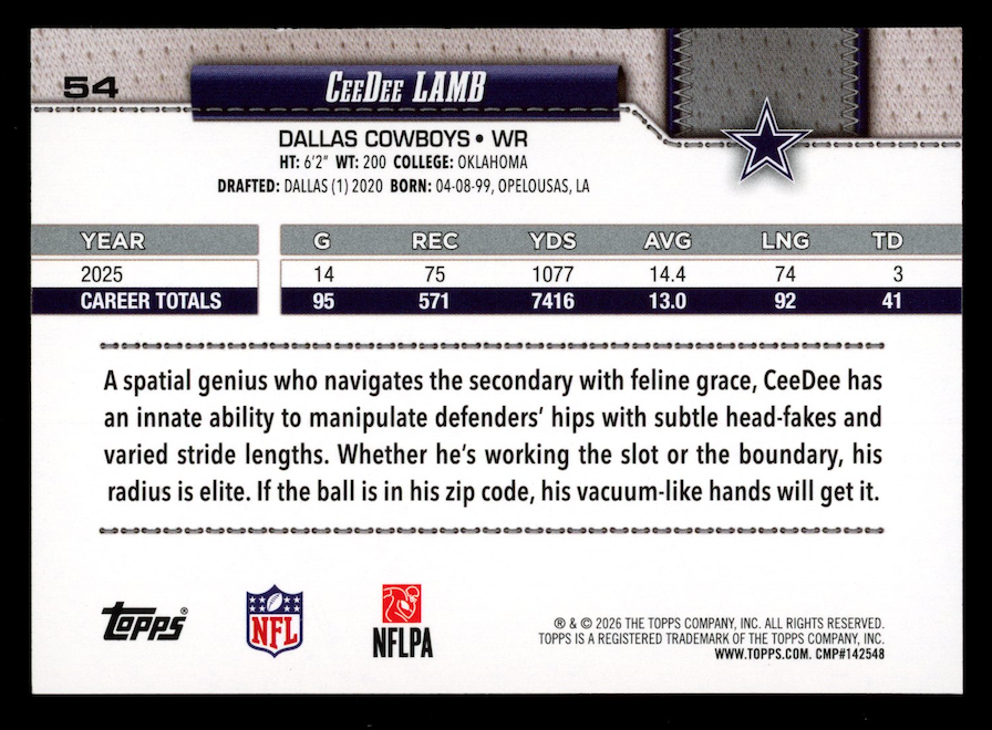 CEEDEE LAMB 2026 Topps Flagship True Photo Variation SSP #54 Cowboys
