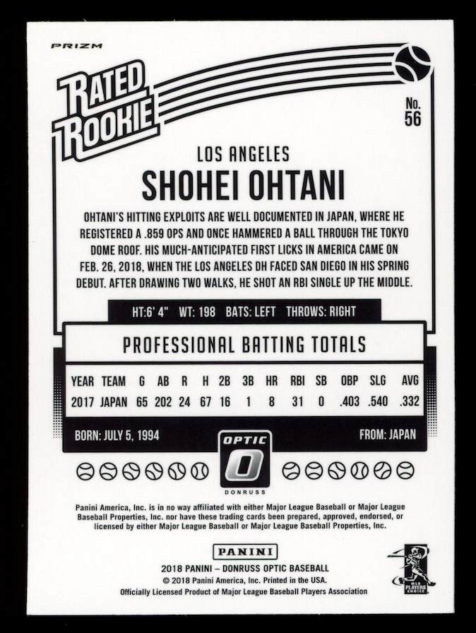 SHOHEI OHTANI 2018 Panini Donruss Optic Rated Rookie Holo Prizm #56 Angels
