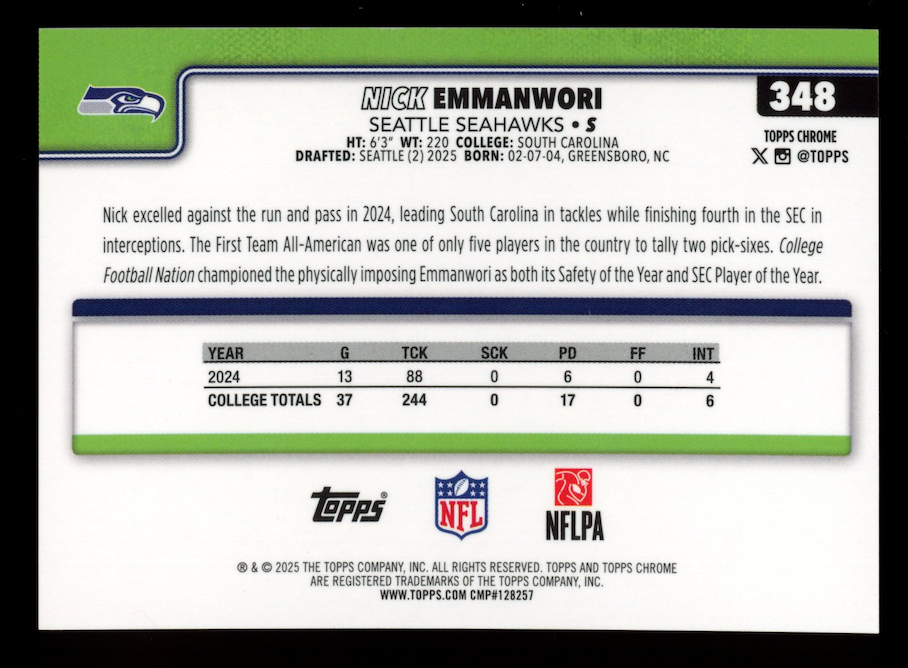 NICK EMMANWORI 2025 Topps Chrome Rookie True Gold Refractor /50 #348 Seahawks