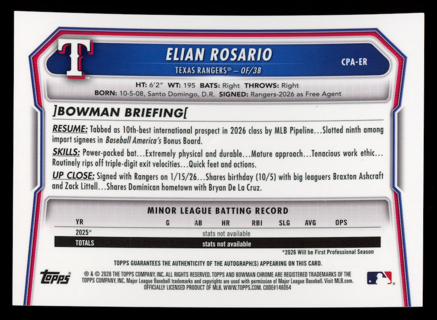 ELIAN ROSARIO 2026 Bowman Chrome Mega 1st Prospect Auto Aqua Mojo Refractor /125