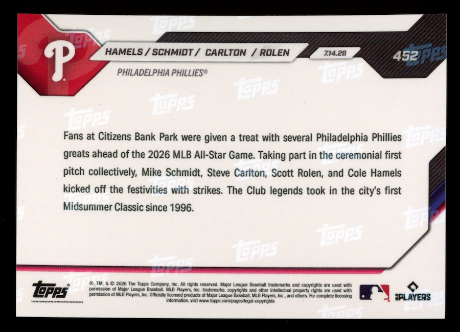 HAMELS SCHMIDT CARLTON ROLEN 2026 Topps Now Orange Foil /25 #452 Phillies