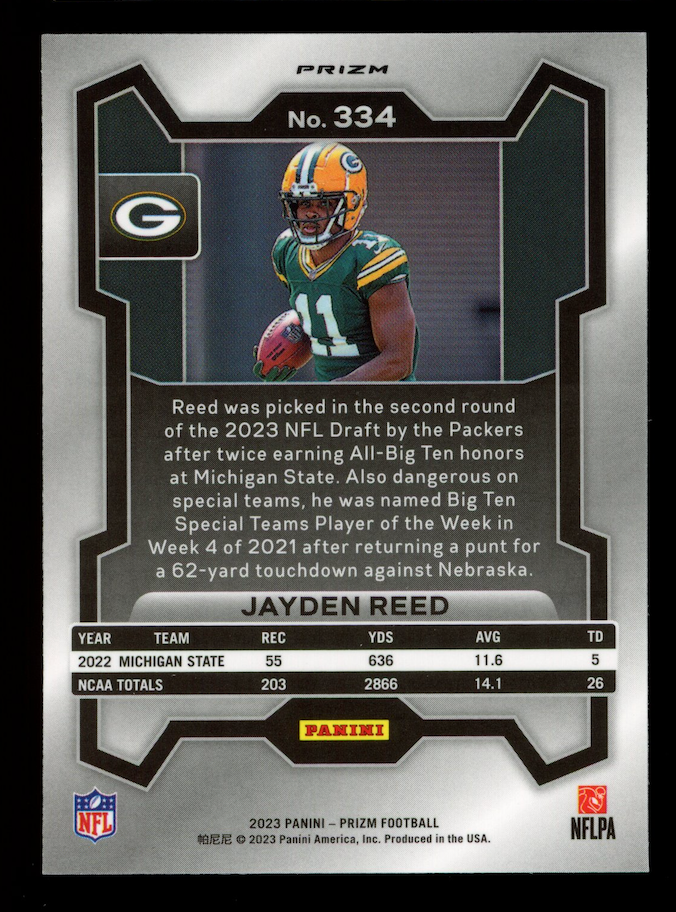 JAYDEN REED 2023 Panini Prizm Rookie White Sparkle SSP #334 Packers