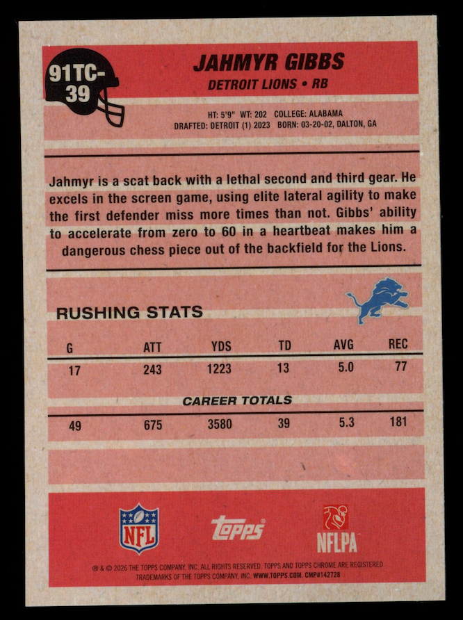 JAHMYR GIBBS 2026 Topps Flagship 1991 Orange Mojo Refractor /25 #91TC-39 Lions