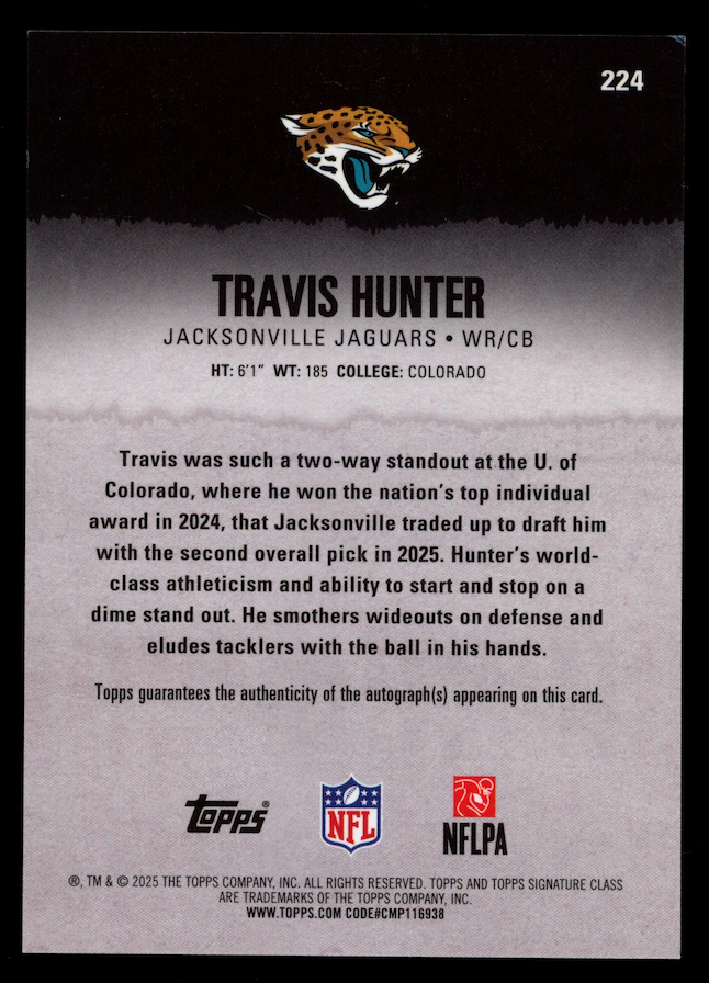 TRAVIS HUNTER 2025 Topps Signature Class Rookie Chrome Auto Orange /50 #224