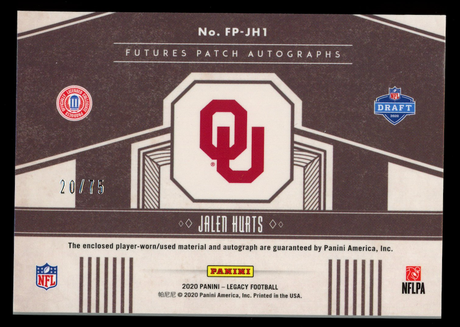 JALEN HURTS 2020 Panini Legacy Futures Rookie Patch Auto /75 #FP-JH1 Eagles