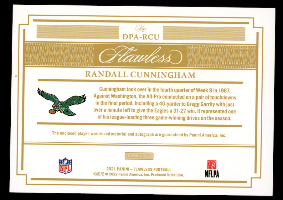 RANDALL CUNNINGHAM 2021 Panini Flawless Distinguished Patch Auto Gold /20 Eagles