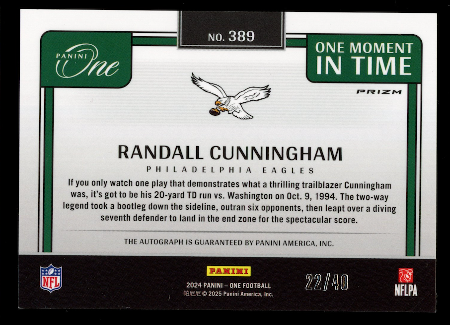 RANDALL CUNNINGHAM 2024 Panini One Moment In Time Auto Green Prizm /40 #389