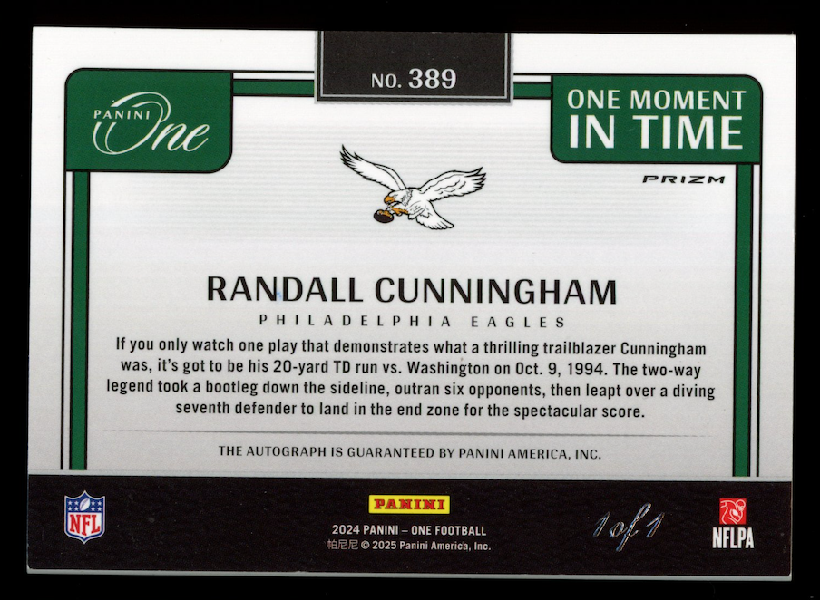 RANDALL CUNNINGHAM 2024 Panini One Moment In Time Auto Black Prizm 1/1 #389