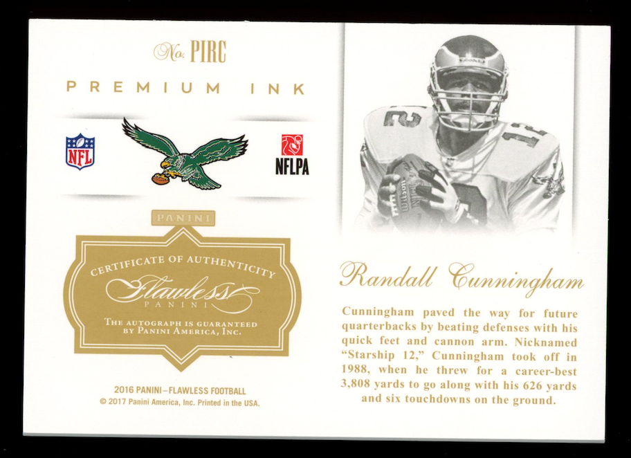RANDALL CUNNINGHAM 2016 Panini Flawless Premium Ink Auto Gold /15 #PIRC Eagles