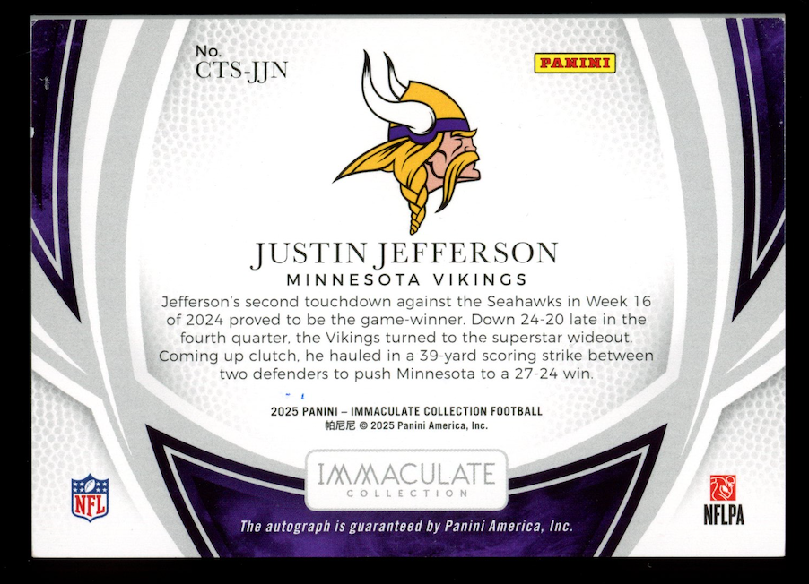 JUSTIN JEFFERSON 2025 Panini Immaculate Clutch Time Signatures Auto /99 #CTS-JJN