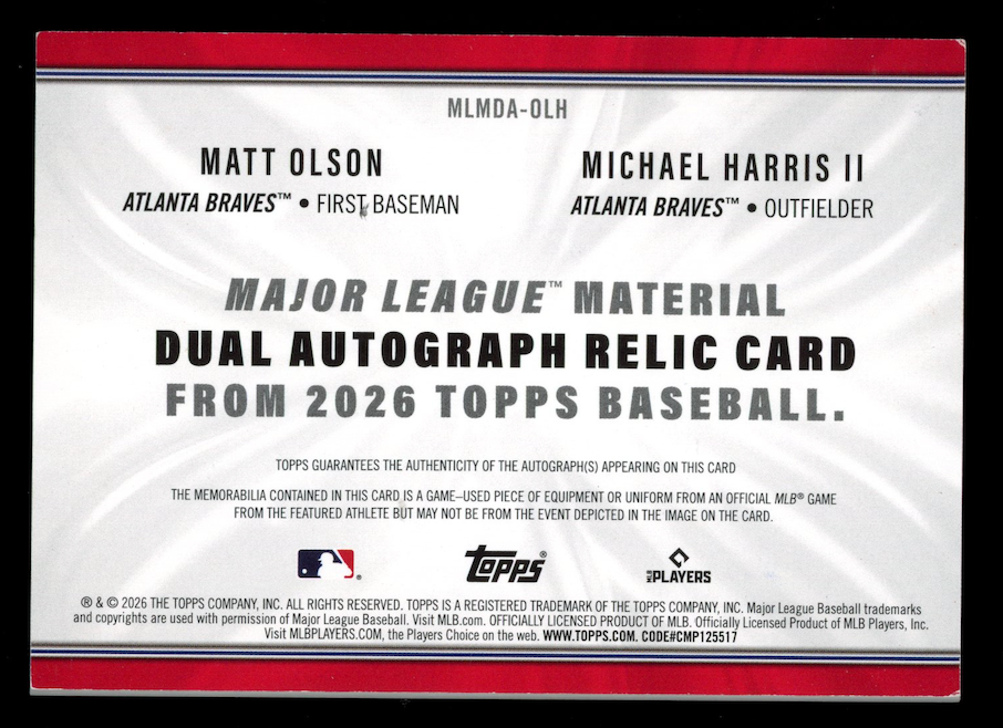 MATT OLSON MICHAEL HARRIS II 2026 Topps Major League Dual Auto Patch Black /10