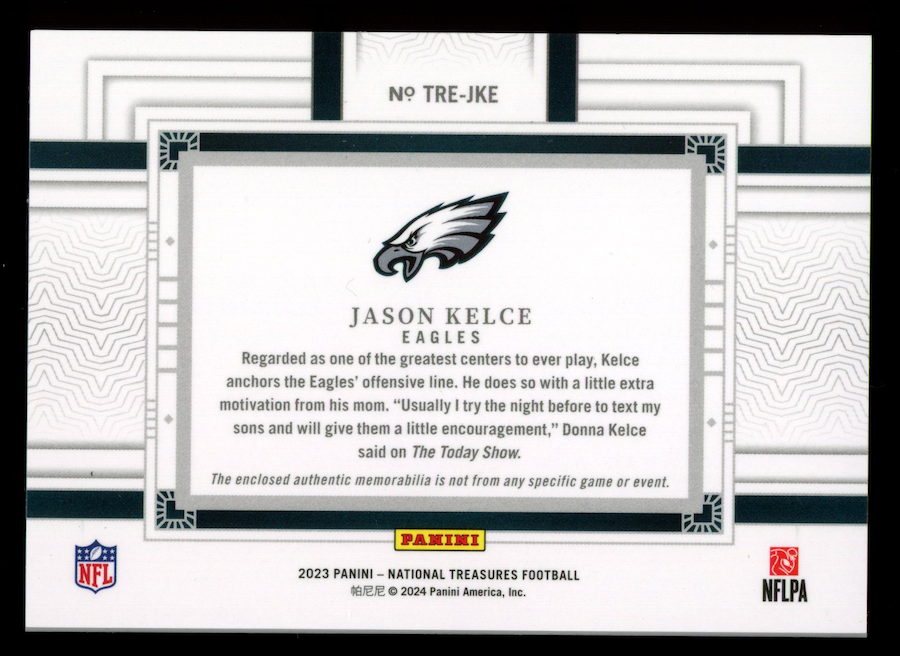 JASON KELCE 2023 Panini National Treasures Tremendous Patch Holo Silver /25