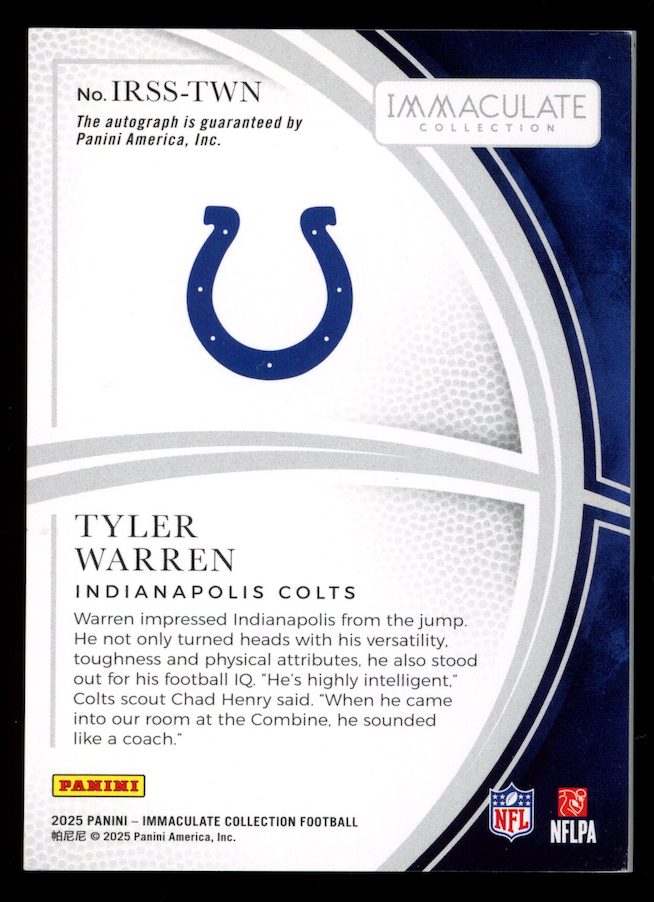 TYLER WARREN 2025 Panini Immaculate Rookie Shadowbox Auto /49 #IRSS-TWN Colts