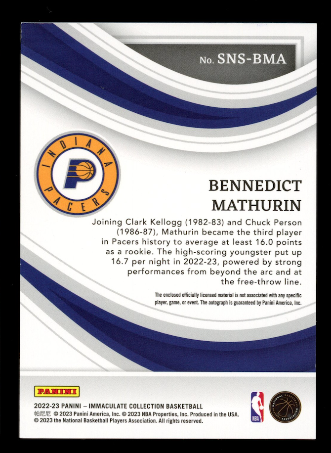BENNEDICT MATHURIN 2022-23 Panini Immaculate Sneaker Swatch RC Auto /49 #SNS-BMA
