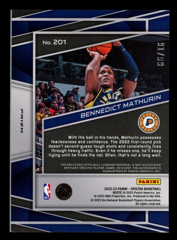 BENNEDICT MATHURIN 2022-23 Panini Spectra Rookie Patch Auto Celestial /99 #201