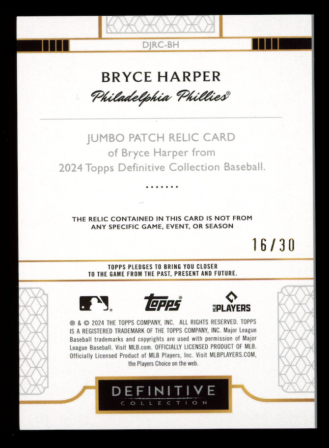 BRYCE HARPER 2024 Topps Definitive Collection Jumbo Patch Relic Blue /30 #DJRCBH