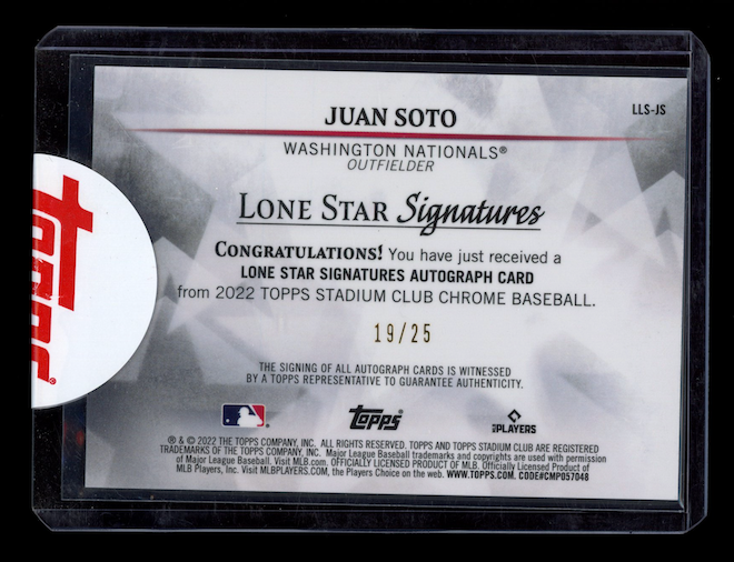 JUAN SOTO 2022 Topps Stadium Club Chrome Lone Star Signatures Auto /25 #LLS-JS