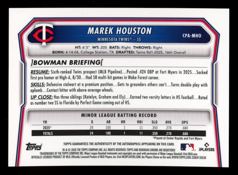 MAREK HOUSTON 2026 Bowman Chrome Prospect Auto Speckle Refractor /299 #CPA-MHO