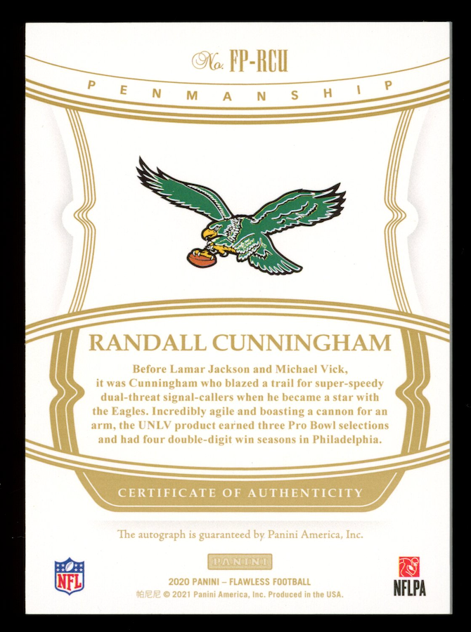 RANDALL CUNNINGHAM 2021 Panini Flawless Penmanship Auto Silver /15 #FPRCU Eagles
