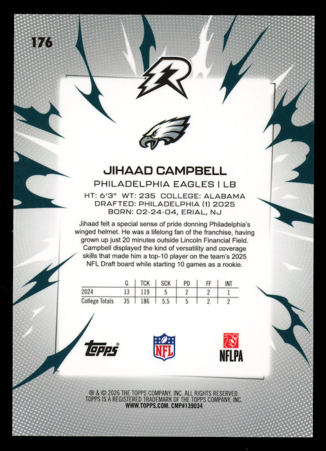 JIHAAD CAMPBELL 2025 Topps Resurgence Rookie Lime Green Static /15 #176 Eagles