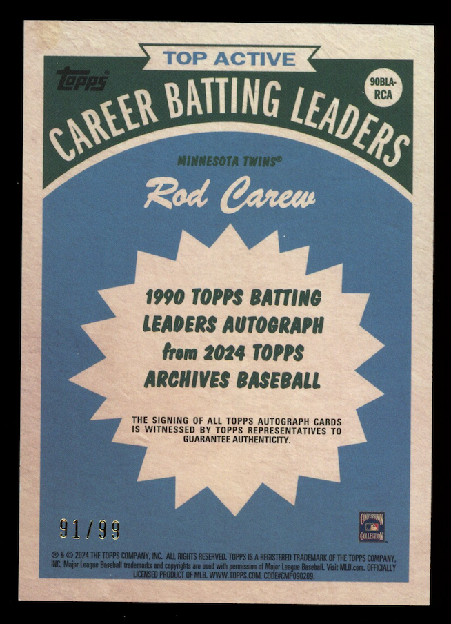 ROD CAREW 2024 Topps Archives 1990 Batting Leaders Auto Green /99 #90BLA-RCA