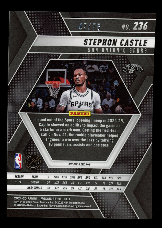 STEPHON CASTLE 2024-25 Panini Mosaic Rookie Blue Fluorescent /75 #236 Spurs