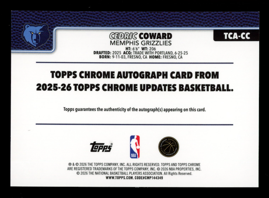 CEDRIC COWARD 2025-26 Topps Chrome Update Rookie Auto #TCA-CC Grizzlies