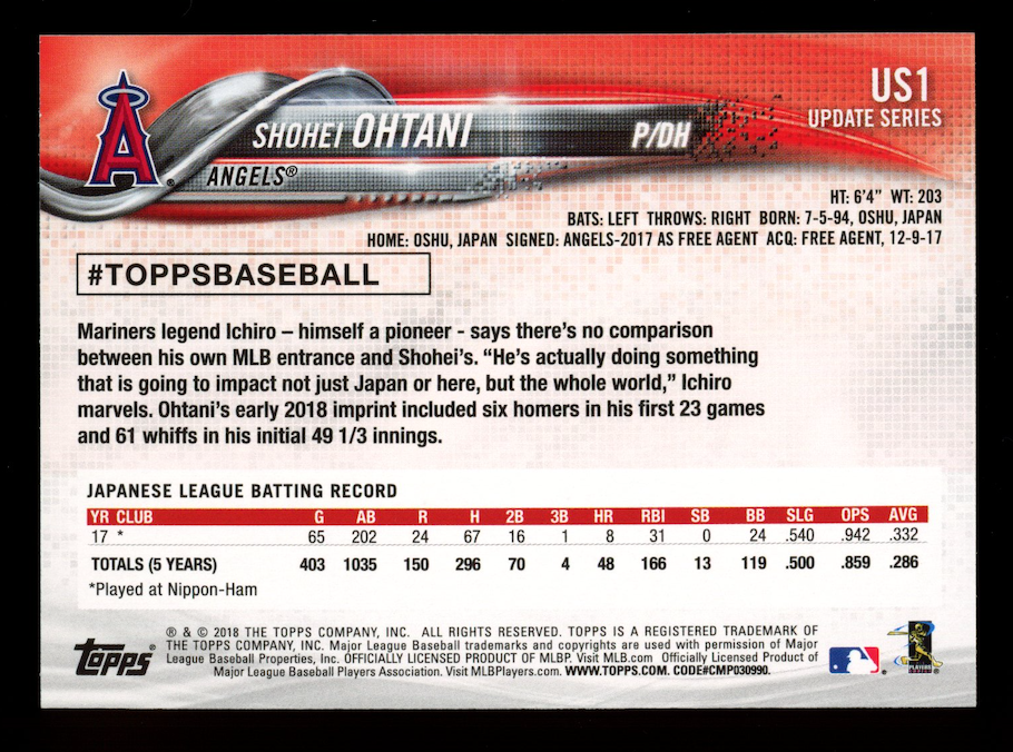 SHOHEI OHTANI 2018 Topps Update Series Rookie Pitching #US1 Angels