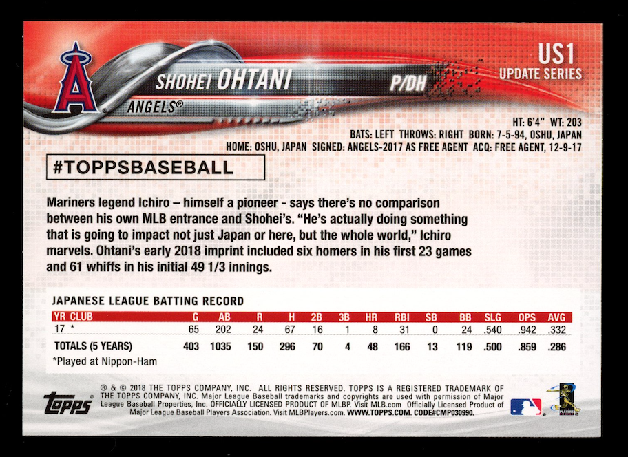 SHOHEI OHTANI 2018 Topps Update Series Rookie Pitching #US1 Angels
