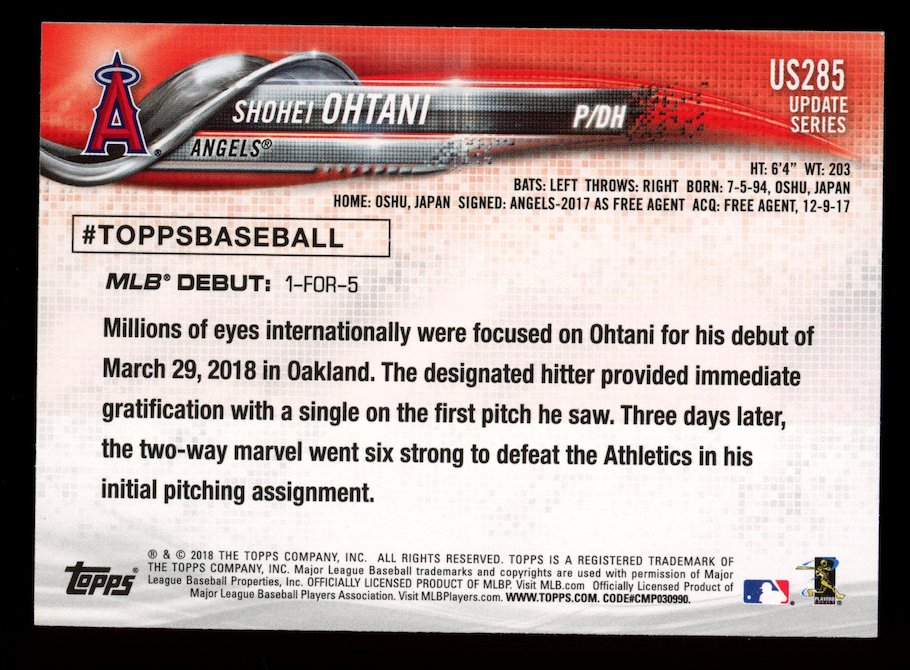 SHOHEI OHTANI 2018 Topps Update Series Rookie Batting #US285 Angels