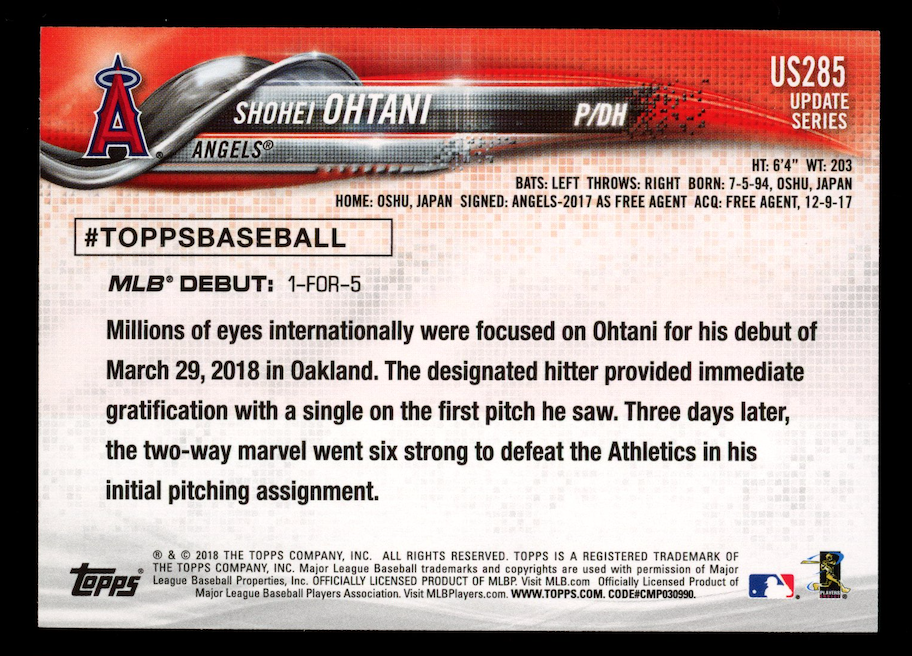 SHOHEI OHTANI 2018 Topps Update Series Rookie Batting #US285 Angels
