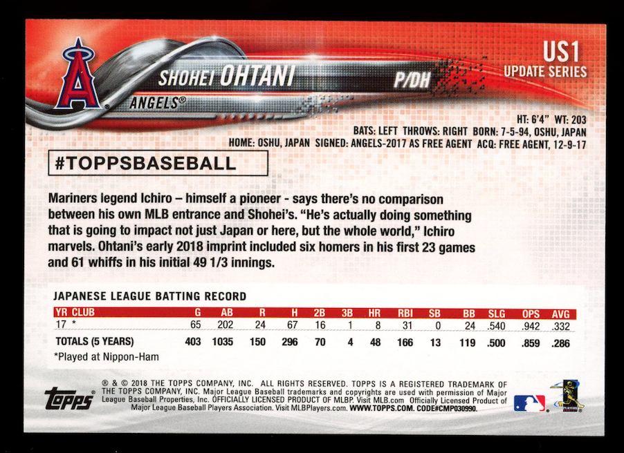 SHOHEI OHTANI 2018 Topps Update Series Rookie Pitching #US1 Angels