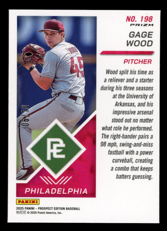 GAGE WOOD 2025 Panini Prospect Edition Gold Prizm /10 #198 Phillies