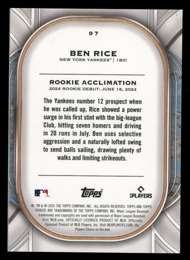 BEN RICE 2025 Topps Tribute Rookie Purple Parallel /50 #97 Yankees