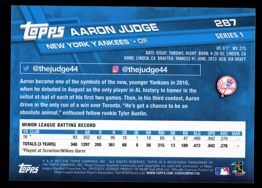 AARON JUDGE 2017 Topps Series 1 Rookie #287 Yankees