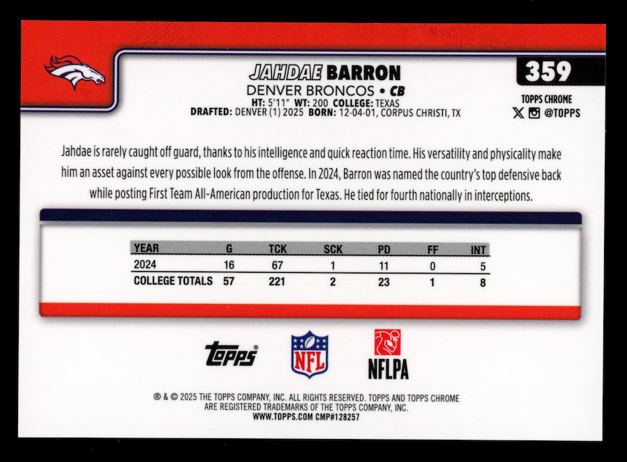 JAHDAE BARRON 2025 Topps Chrome Sapphire Rookie Black Refractor /10 #359 Broncos