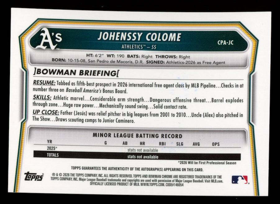 JOHENSSY COLOME 2026 Bowman Chrome Prospect Auto Purple Refractor /250 #CPA-JC