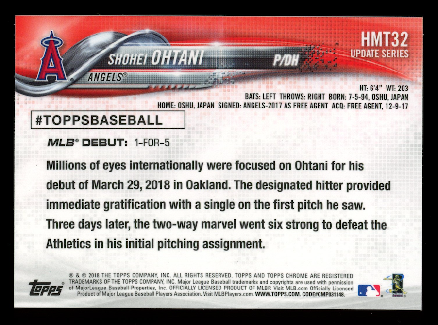 SHOHEI OHTANI 2018 Topps Chrome Update Series Rookie Batting #HMT32 Angels