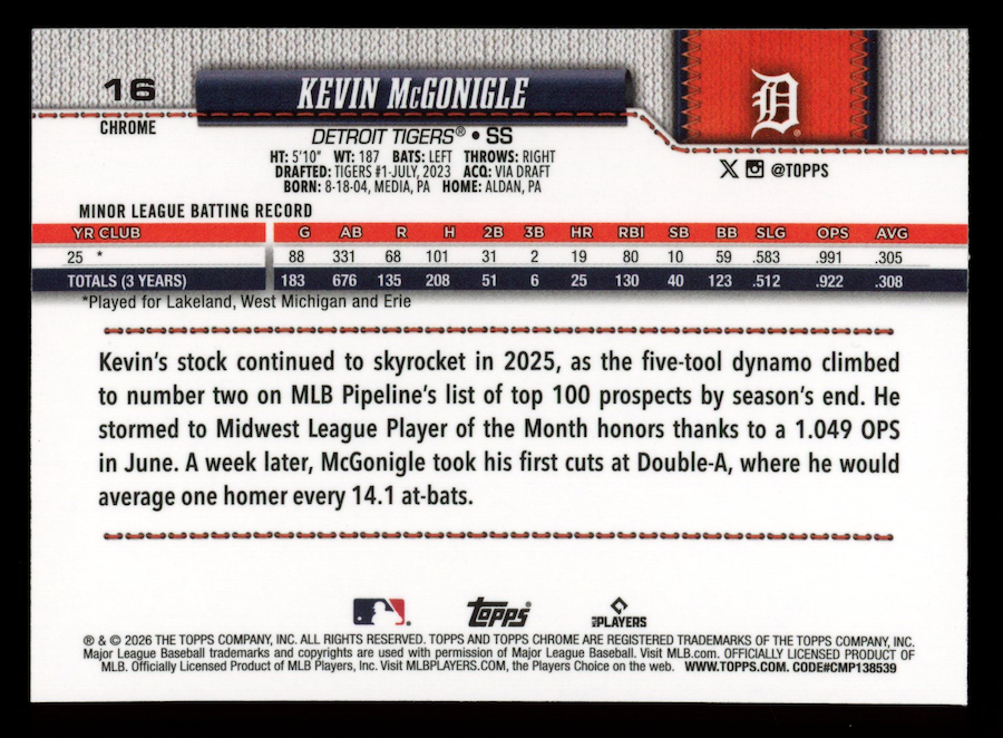 KEVIN MCGONIGLE 2026 Topps Chrome Rookie Negative Refractor #16 Tigers