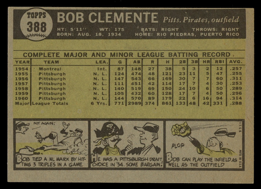 ROBERTO BOB CLEMENTE 1961 Topps Baseball #388 Pirates