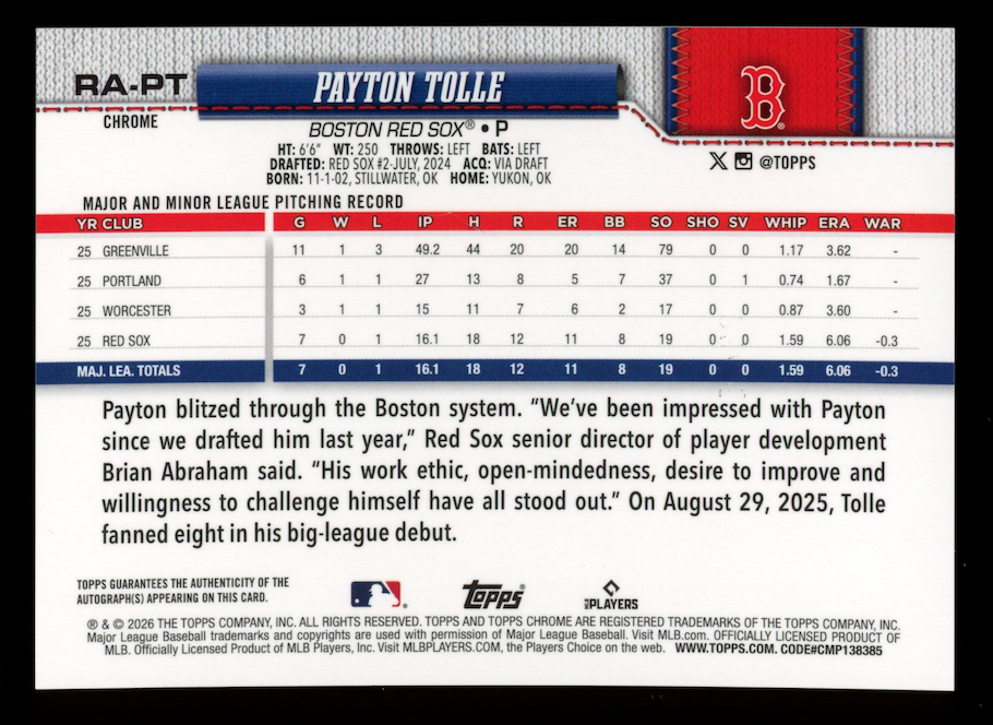 PAYTON TOLLE 2026 Topps Chrome Rookie Auto Purple RayWave Refractor /75 #PA-PT