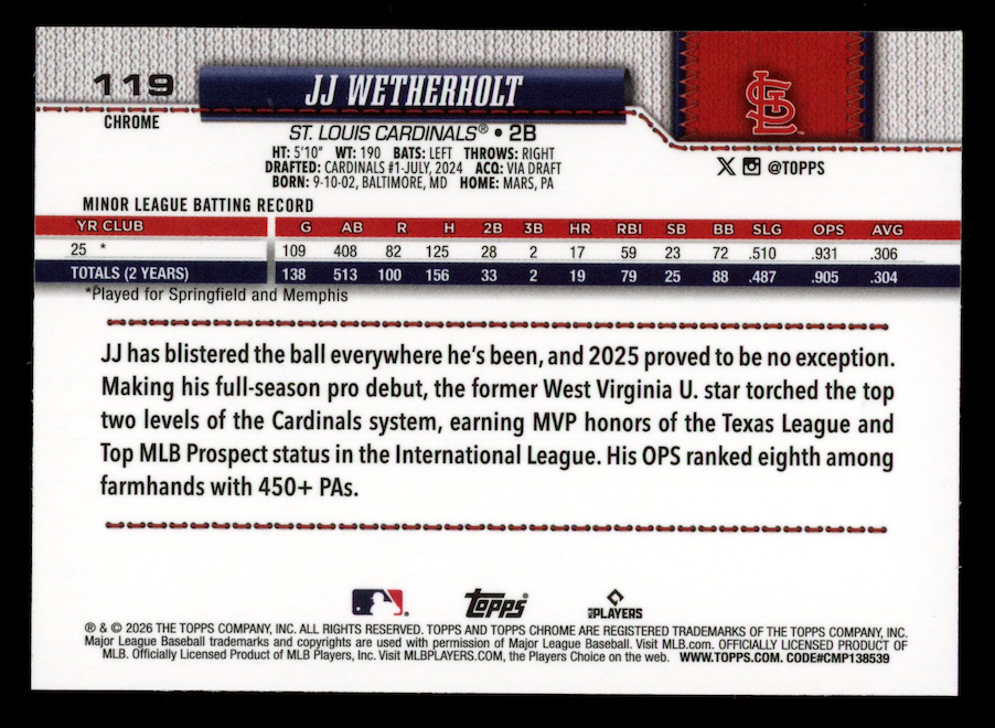 J.J. WETHERHOLT 2026 Topps Chrome Rookie Negative Refractor #119 Cardinals